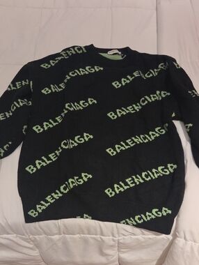 Balenciaga Black Crewneck with Lime Green Logo Pattern